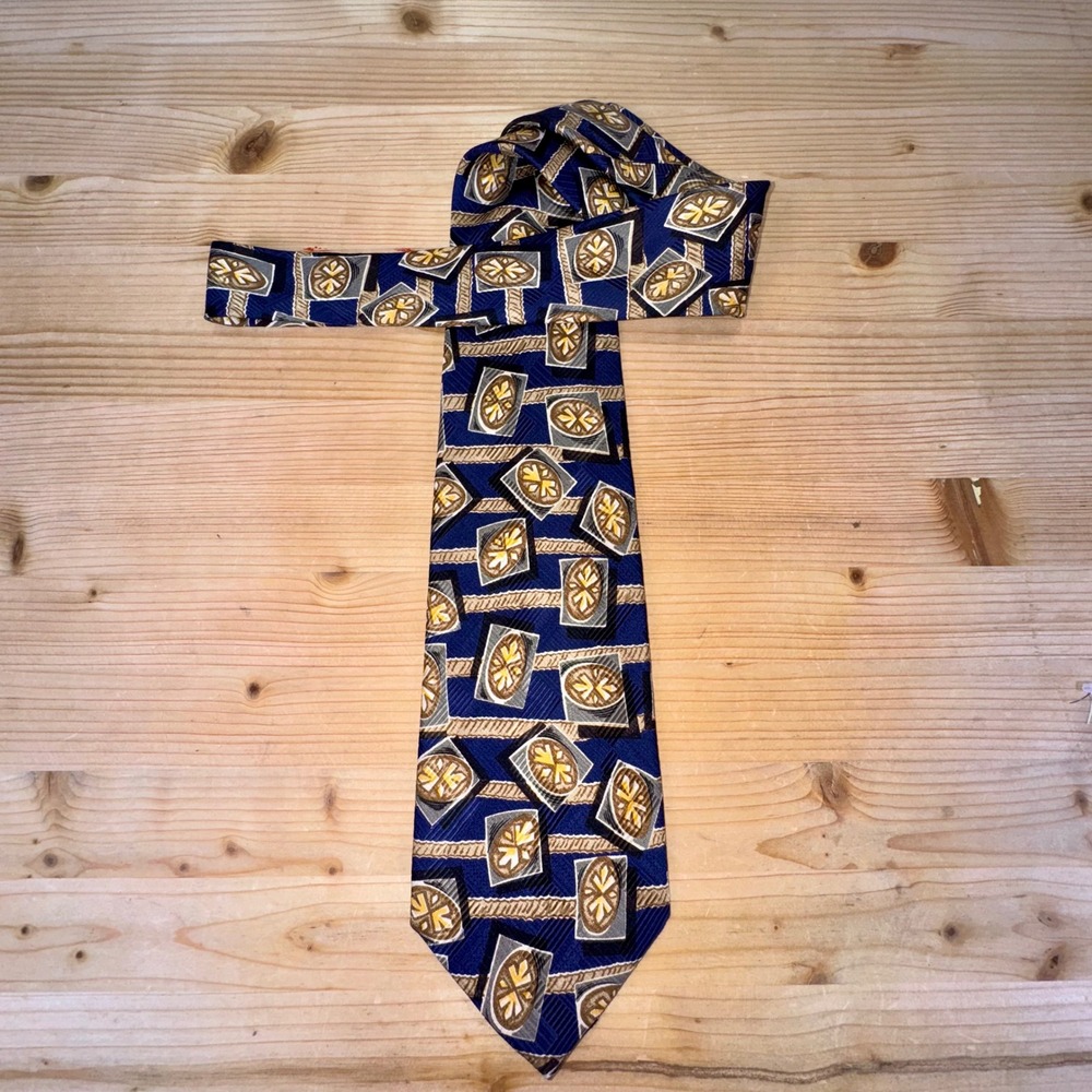 Robert‎ Talbott Studio Nordstrom Extra Long Silk Tie Blue Gold Geometric USA